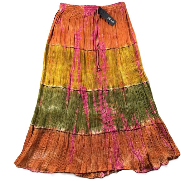 New Midi Maxi Skirt Boho Earthy Tiered Breathable Festival Pull On Medium G220 - Picture 1 of 7